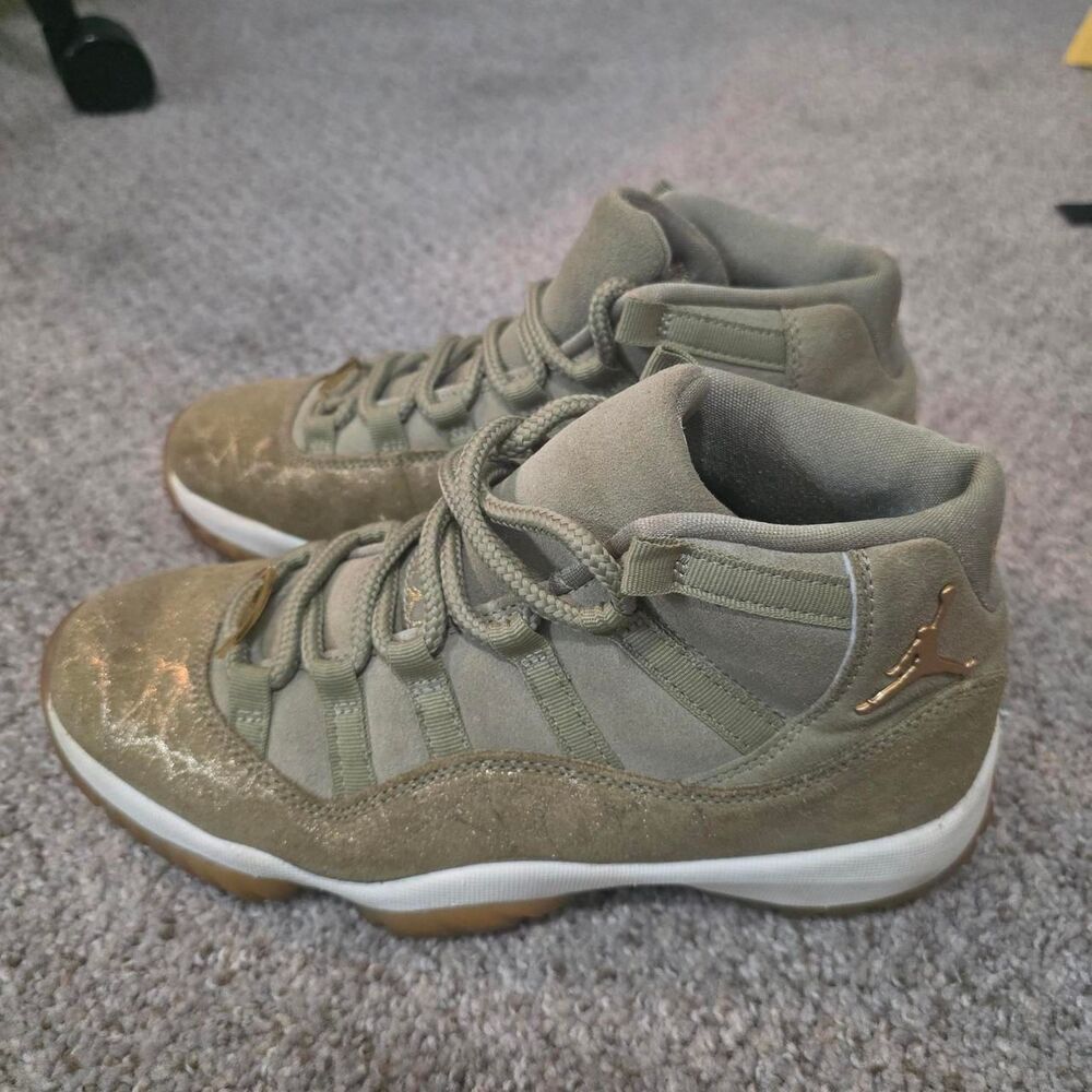 Air Jordan 11 WMNS Olive Lux Neutral Olive Glitter Suede Sneakers